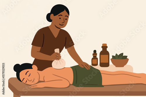 Flat vector spa therapist performing body wrap with herbal cloth and essential oils, isolated on white