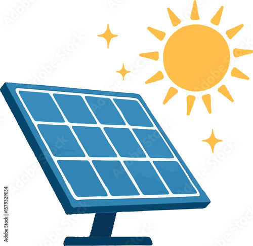 Flat vector solar panel tilted toward the sun with sparkles, clean energy concept, isolated on white