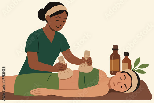 Flat vector spa therapist performing body wrap with herbal cloth and essential oils, isolated on white