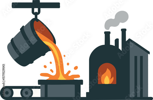 Flat vector steel manufacturing line with molten metal pouring from ladle, isolated on white