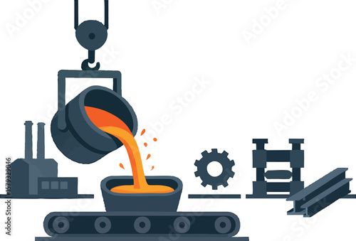 Flat vector steel manufacturing line with molten metal pouring from ladle, isolated on white