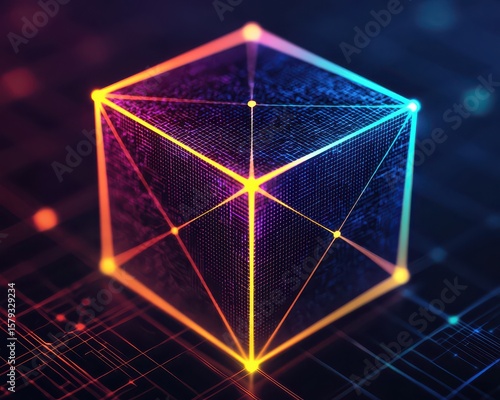 A glowing, wireframe [content] cube with neon orange and blue edges floats over a digital grid in a futuristic, high-tech environment.