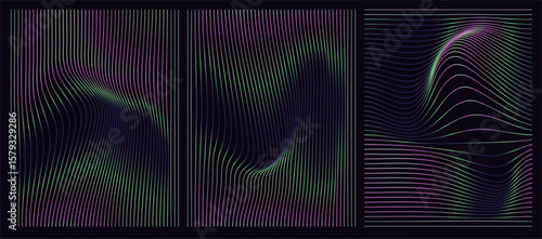 Modern vector illustration features abstract holographic lines in pastel gradients, creating a futuristic, wavy effect. The minimalist design uses flowing, iridescent curves and dark backgrounds.