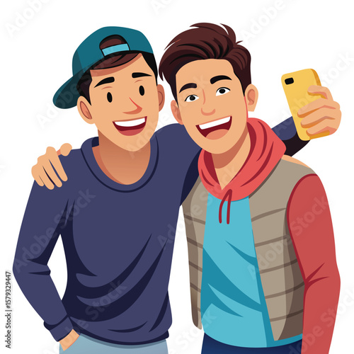 Two best friends laughing joyfully while taking a fun selfie together, capturing precious memories.
