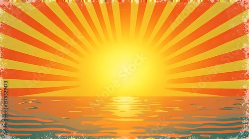 Retro summer sun background.Modern illustration.Vector groovy sunshine wavy rays in vintage grunge design. 70s radial poster.

