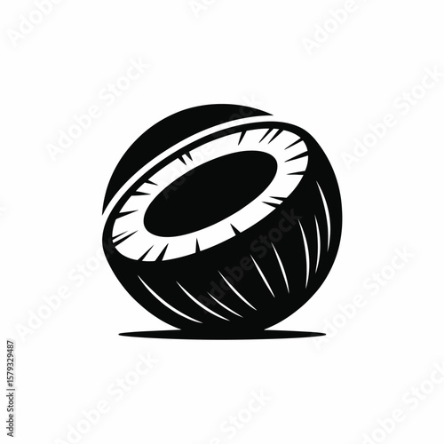 Stylized black and white icon of a half coconut with seed
