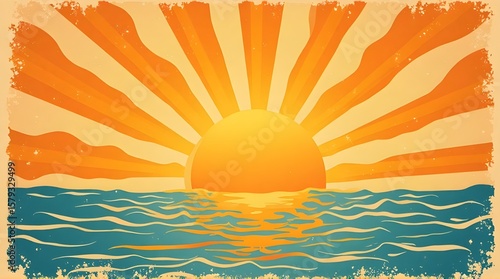 Retro summer sun background.Modern illustration.Vector groovy sunshine wavy rays in vintage grunge design. 70s radial poster.

