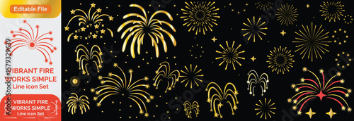 Set of golden fireworks icon. Festive fireworks with stars and sparks isolated on white background. Vibrant fireworks simple line icons