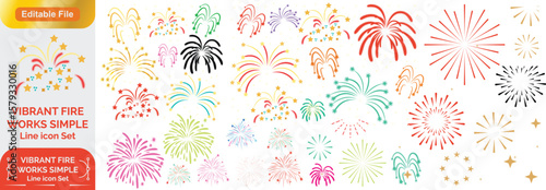 Set of golden fireworks icon. Festive fireworks with stars and sparks isolated on white background. Vibrant fireworks simple line icons