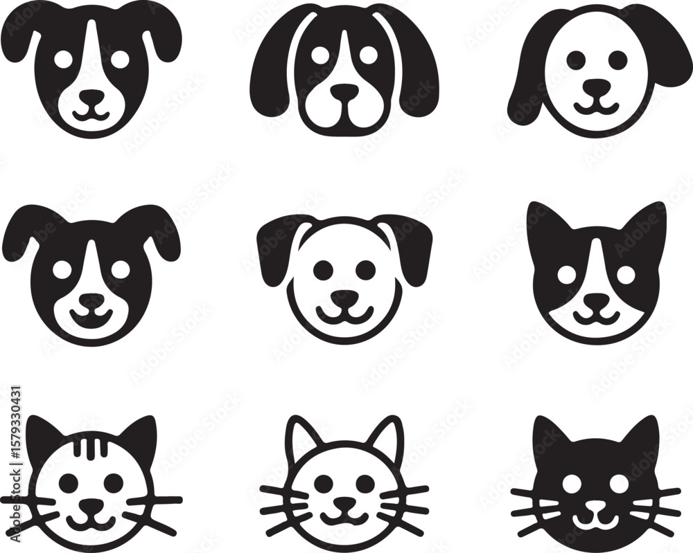 Fototapeta premium Animal Faces Vector Set - Dog and Cat Portraits, Pet Icons, Cute Animals