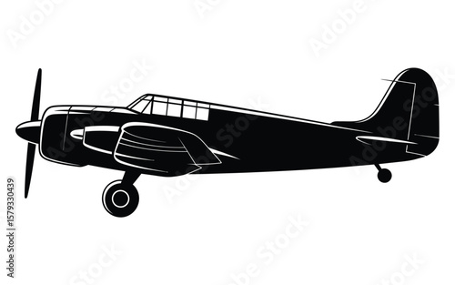 Classic single engine propeller airplane silhouette in black and white