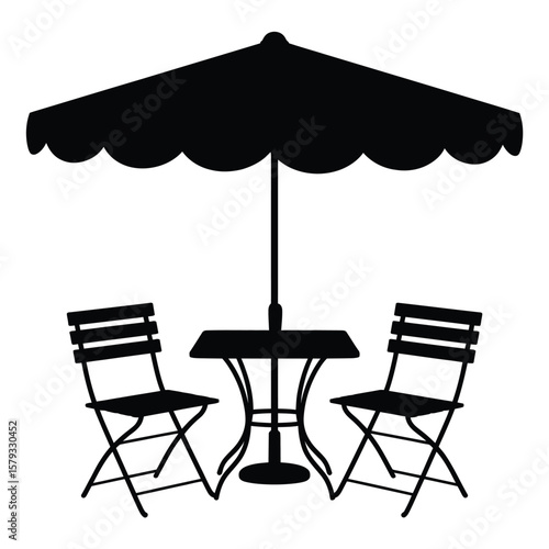Silhouette of a cafe table with two chairs and a patio umbrella