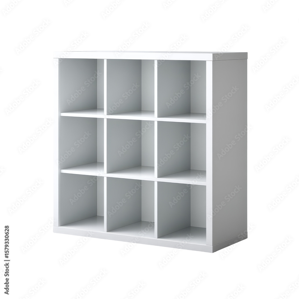 Functional white shelving unit with eight evenly spaced compartments, great for organization and style, on transparent background Functional white shelving unit with eight evenly spaced compartments, great for organization and style, on transparent background