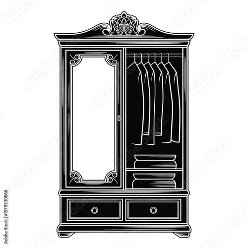 Ornate vintage wardrobe with hanging clothes folded items and drawers