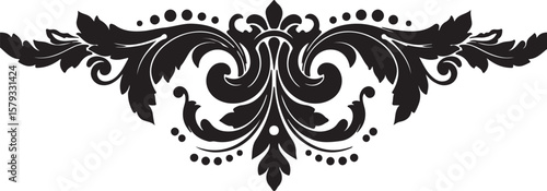 Royal floral divider motif, black and white ornamental flourish with leaves and dots, symmetrical elegance, regal and classic style