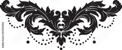 Royal floral divider motif, black and white ornamental flourish with leaves and dots, symmetrical elegance, regal and classic style