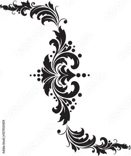 Royal floral divider motif, black and white ornamental flourish with leaves and dots, symmetrical elegance, regal and classic style