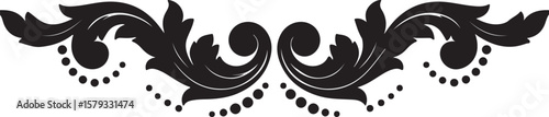 Royal floral divider motif, black and white ornamental flourish with leaves and dots, symmetrical elegance, regal and classic style