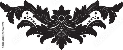 Royal floral divider motif, black and white ornamental flourish with leaves and dots, symmetrical elegance, regal and classic style