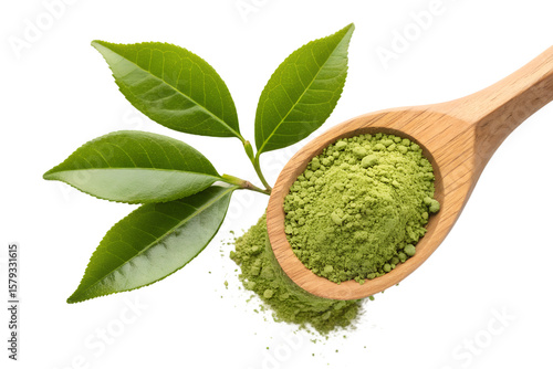 Fresh green tea leaves and matcha powder in wooden spoon isolated on transparent background