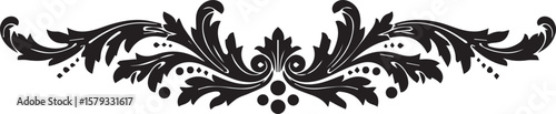 Royal floral divider motif, black and white ornamental flourish with leaves and dots, symmetrical elegance, regal and classic style