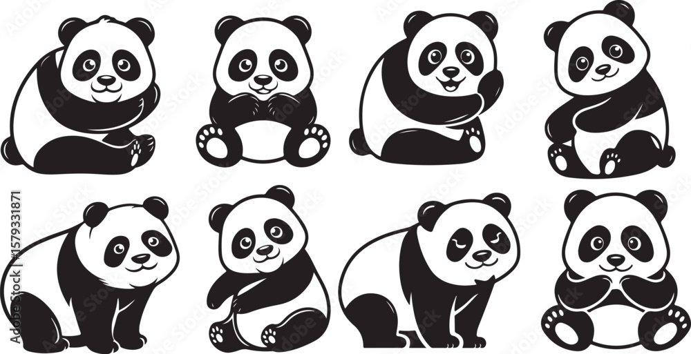 Obraz premium Cute panda icons in black vector image