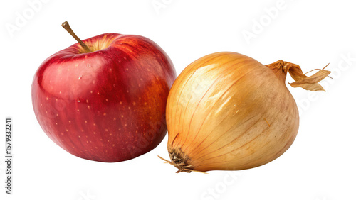 Red apple and yellow onion side by side isolated on transparent background