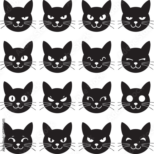 Silhouette Cat Faces Grid with Expressive Emotions in Minimalist Style