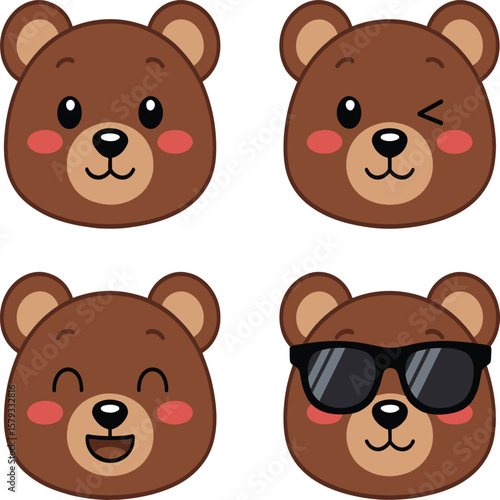 Cute Kawaii Cartoon Bear Faces in 2x2 Grid with Fun Expressions