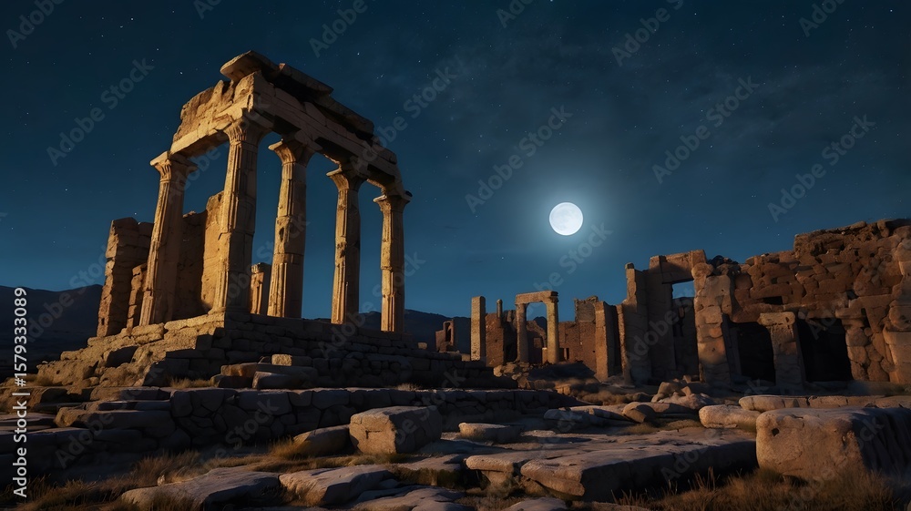 Fototapeta premium Crumbling Temple with Columns Lit by Soft Moonlight Under Night Sky and Hints of Blueish Atmosphere 