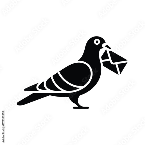 Silhouette of a pigeon carrying an envelope in its beak on a white background