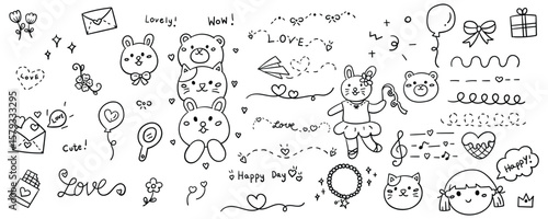 Hand drawn love and happy day element line doodle concept set. Illustration vector design.