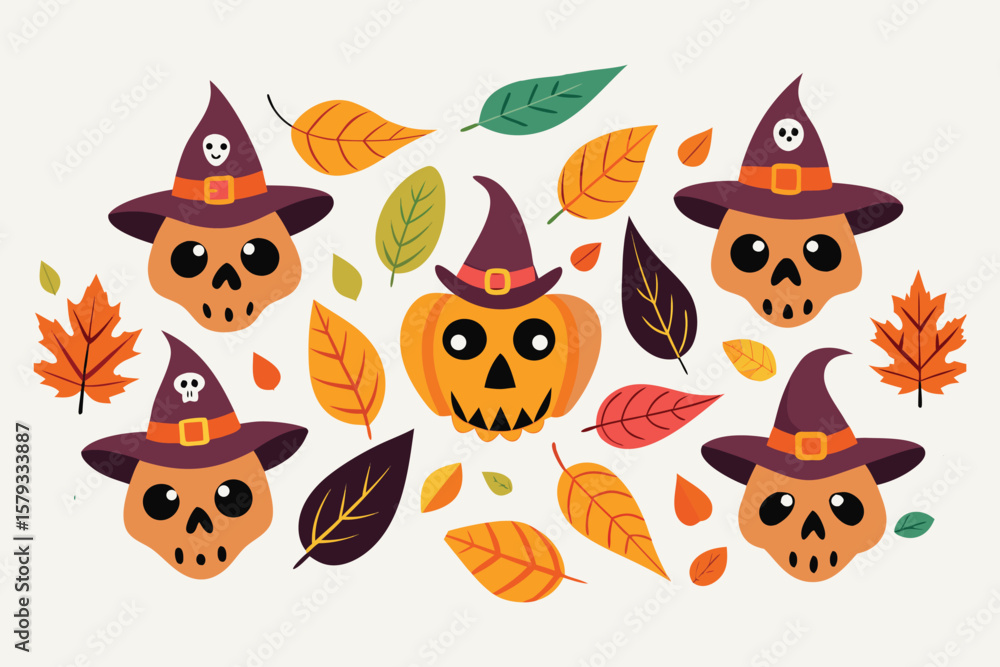 custom made wallpaper toronto digitalAdorable Halloween Pumpkins and Skulls with Autumn Leaves Cute Fall Illustration