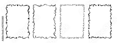 Crayon drawn doodle frame set. Rectangle shapes with wavy decorative lines. Whimsical frames in elegant coquette style. Pencil texture hearts and wavy borders. Funky vector text rectangles.