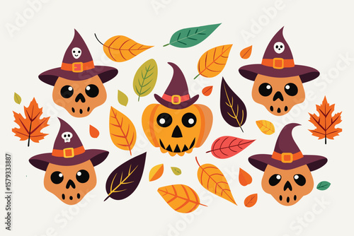 Wallpaper Mural Adorable Halloween Pumpkins and Skulls with Autumn Leaves Cute Fall Illustration Torontodigital.ca