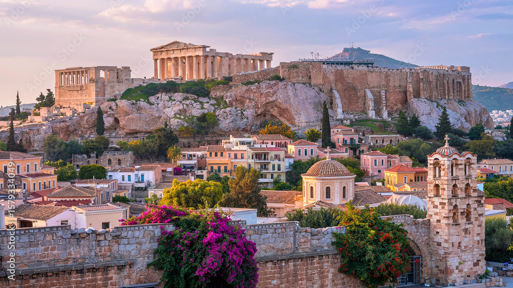 Fototapeta premium Scenic landscape of the ancient Acropolis in Athens, Greece at sunset