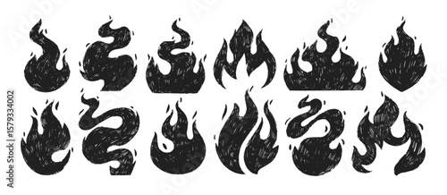 Collection of various crayon drawn fire flames. Vector doodle illustration with pencil texture. Hand drawn hot flaming elements. Bonfire sketches, punk or rock style symbols.