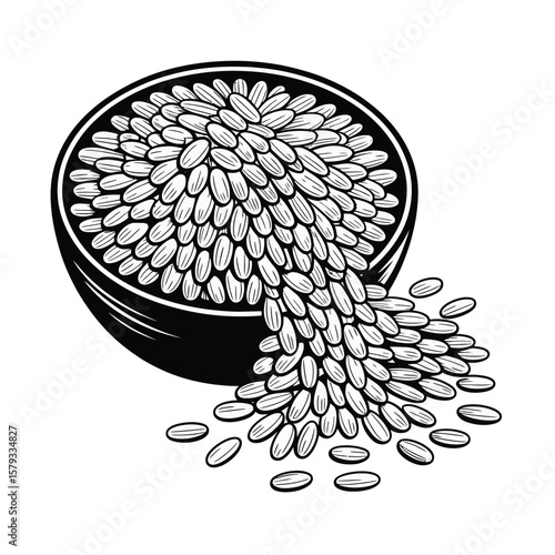 Black and white illustration of a bowl overflowing with rice grains spilling out