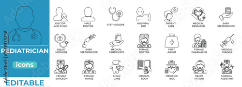 Editable pediatrician vector icons for medical and healthcare use

