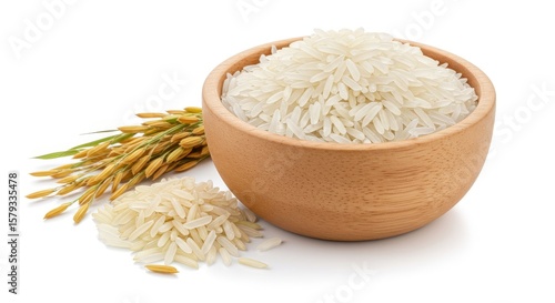 Jasmine Rice and Paddy Rice in Wooden Bowl - Aromatic Jasmine rice, unmilled paddy rice, abundance, harvest, and culinary tradition are symbolized in this of rice in a wooden bowl
