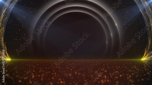 Elegant dark stage background with golden glitter, spotlight beams, and abstract curved arches. Perfect for awards, ceremonies, product showcases, or luxury-themed presentations.