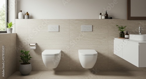Modern Beige Bathroom with Wall-Mounted Toilets - Contemporary bathroom design featuring two wall-hung toilets, beige stone tiles, minimalist decor, and sleek fixtures.