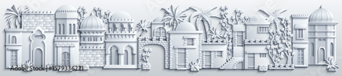 White paper cut style wide panorama of an oriental city with detailed building facades, domes and palm trees. Minimalist 3D vector for architectural background.