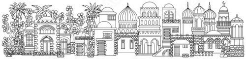 Line art vector illustration of an oriental city with domes, towers, and minarets. Perfect for Arabian, Islamic, and fairytale themed designs