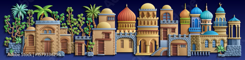 Arabic paper cut style wide panorama of an ancient oriental city with many houses, domes and palm trees on dark blue background. Ramadan and travel concept vector.