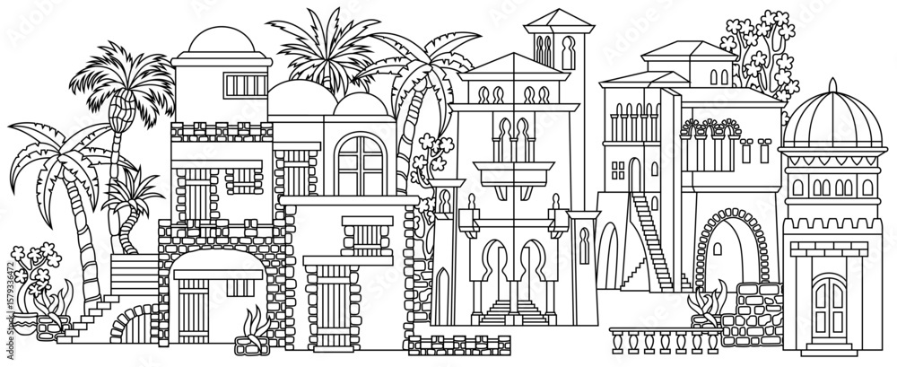 Fototapeta premium Line art vector illustration of an oriental city with domes, towers, and minarets. Perfect for Arabian, Islamic, and fairytale themed designs