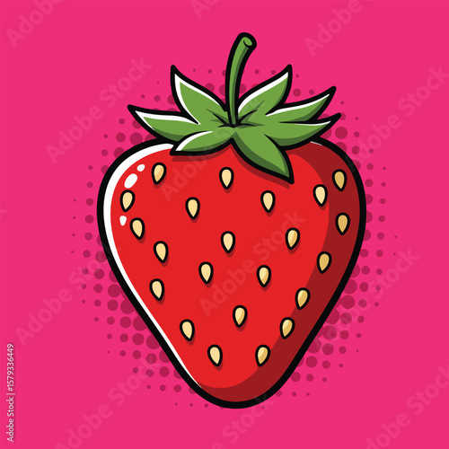 strawberry pop art icon with pink halftone background