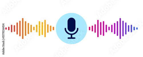 Microphone icon with sound waves, audio voice recognition, recording voice message sign