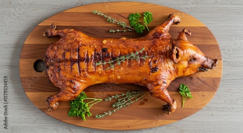 Roasted Suckling Pig on Wooden Board - A succulent, golden-brown barbecued suckling pig rests on a rustic wooden board, garnished with fresh herbs.