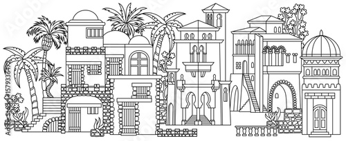 Line art vector illustration of an oriental city with domes, towers, and minarets. Perfect for Arabian, Islamic, and fairytale themed designs